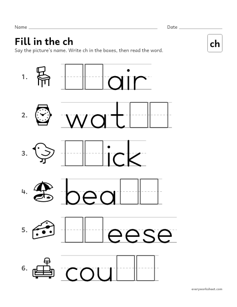 Preview of the printable “Fill in the ch” worksheet: writing the ch digraph in words