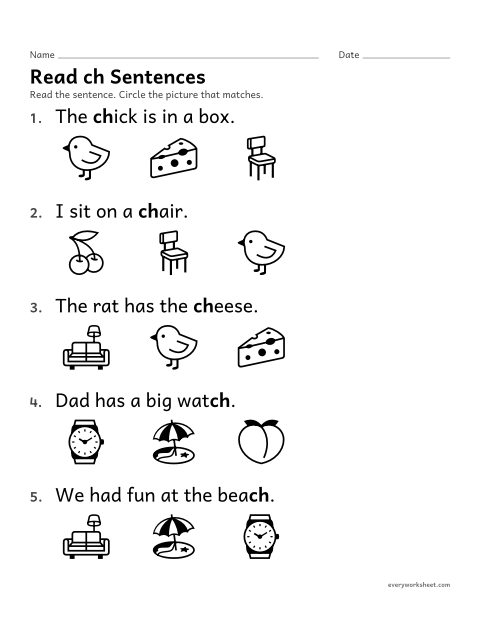 Preview of the printable “Read ch sentences” worksheet: reading short sentences with ch words