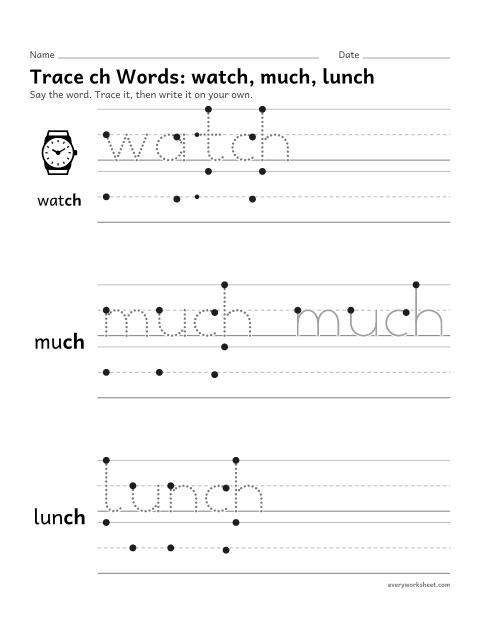 Preview of the printable “Trace ch Words: watch, much, lunch” worksheet: writing words with the ch digraph