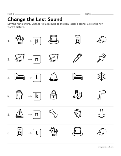 Preview of the printable “Change the last sound” worksheet: changing the last sound of a word to make a new word