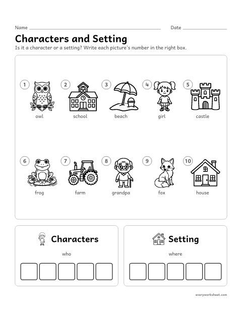 Preview of the printable “Characters and setting sort 1” worksheet: telling characters (who) from settings (where)