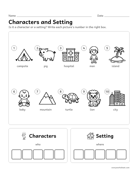 Preview of the printable “Characters and setting sort 2” worksheet: telling characters (who) from settings (where)