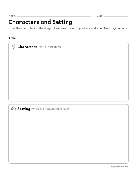 Preview of the printable “Characters and setting worksheet (Any Book)” worksheet: identifying the characters and setting of a story