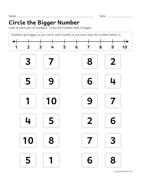 Preview of the printable “Circle the bigger number” worksheet: comparing two numbers from 1 to 10