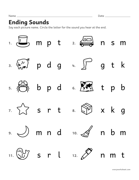 Preview of the printable “Ending Sounds: circle the letter 2” worksheet: hearing the ending sound