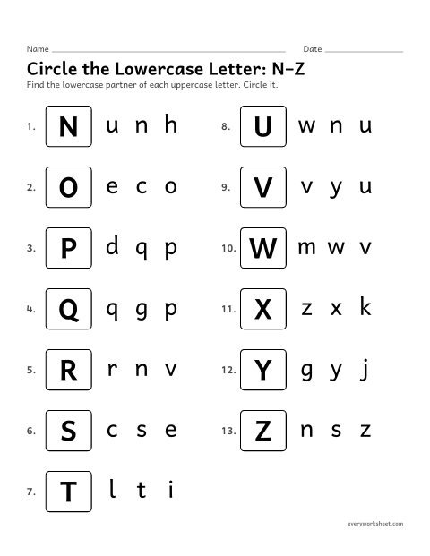 Preview of the printable “Circle the lowercase Letter: N–Z” worksheet: matching uppercase letters to lowercase letters