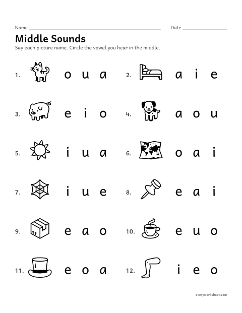 Preview of the printable “Middle Sounds: circle the vowel” worksheet: hearing the middle sound