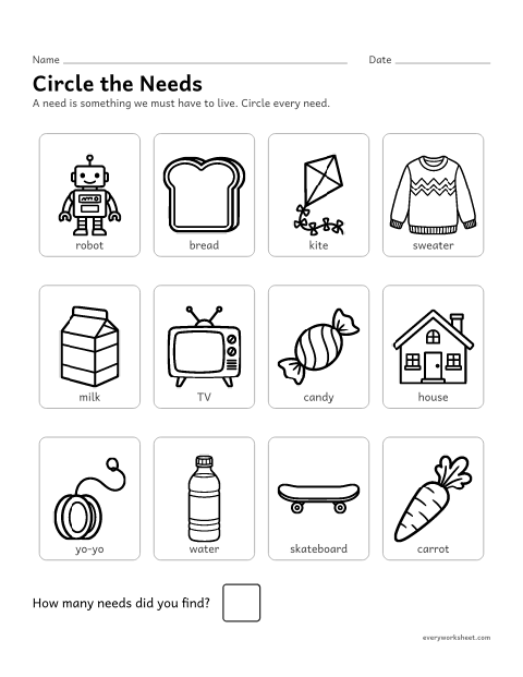 Preview of the printable “Circle the needs worksheet” worksheet: finding the needs in a group of needs and wants