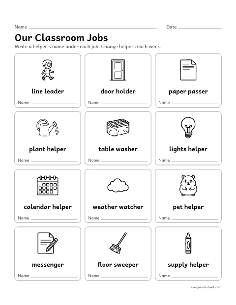 Preview of the printable “Classroom jobs chart” worksheet: taking on classroom jobs to help the class community