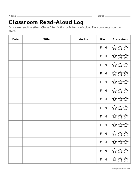 Preview of the printable “Classroom Read-Aloud log” worksheet: recording class read-alouds