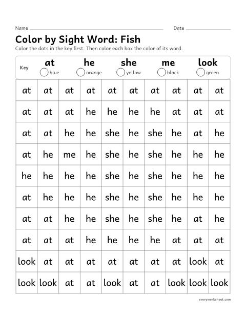 Preview of the printable “Color by sight Word: fish” worksheet: reading the sight words at, he, she, me, look to color a picture