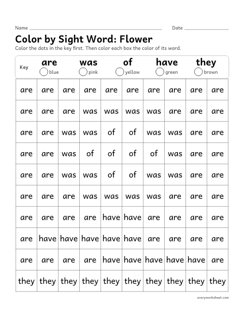Preview of the printable “Color by sight Word: flower” worksheet: reading the sight words are, was, of, have, they to color a picture