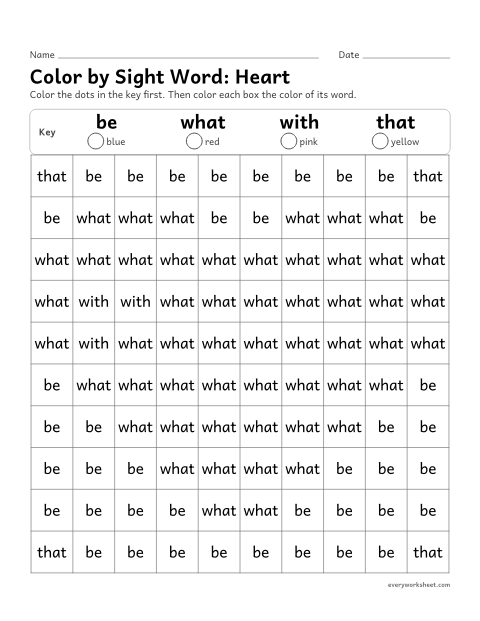 Preview of the printable “Color by sight Word: heart” worksheet: reading the sight words be, what, with, that to color a picture