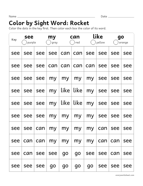 Preview of the printable “Color by sight Word: rocket” worksheet: reading the sight words see, my, can, like, go to color a picture