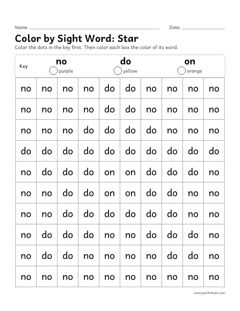 Preview of the printable “Color by sight Word: star” worksheet: reading the sight words no, do, on to color a picture
