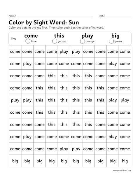 Preview of the printable “Color by sight Word: sun” worksheet: reading the sight words come, this, play, big to color a picture