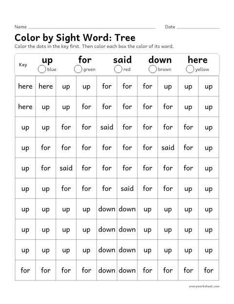 Preview of the printable “Color by sight Word: tree” worksheet: reading the sight words up, for, said, down, here to color a picture