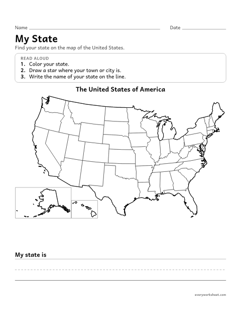 Preview of the printable “Color my State: US map worksheet” worksheet: finding and coloring my state on a map of the United States