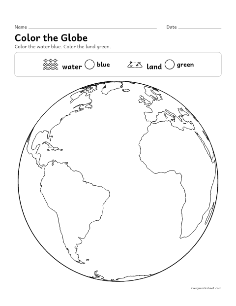Preview of the printable “Color the Globe: land and water” worksheet: showing land and water on a globe with the usual map colors