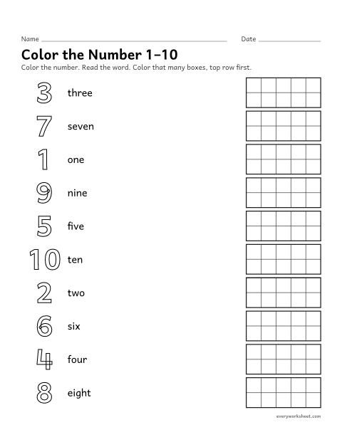 Preview of the printable “Color the number 1–10” worksheet: matching numbers 1 to 10 to number words and amounts