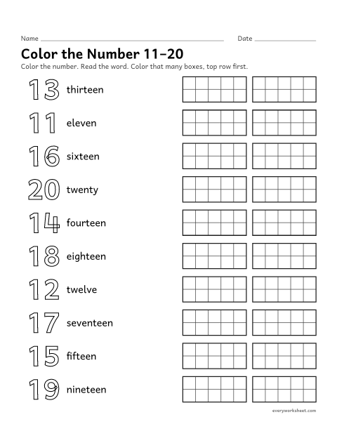 Preview of the printable “Color the number 11–20” worksheet: matching numbers 11 to 20 to number words and amounts