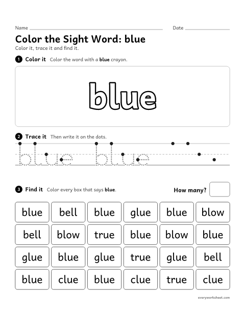 Preview of the printable “Color the sight Word: blue” worksheet: recognizing the sight word blue among look-alike words