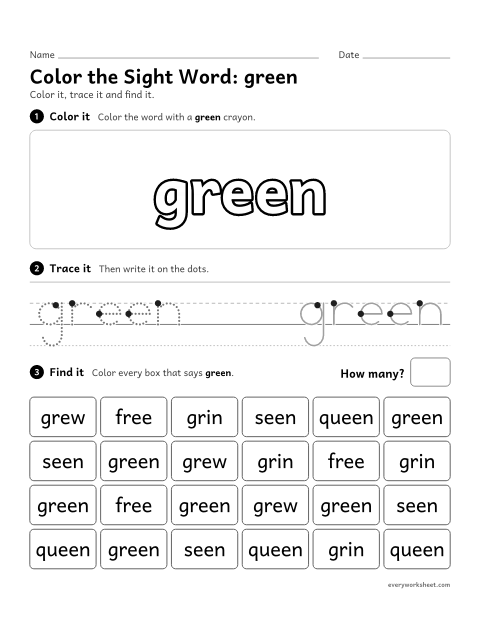 Preview of the printable “Color the sight Word: green” worksheet: recognizing the sight word green among look-alike words