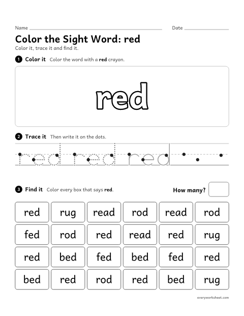 Preview of the printable “Color the sight Word: red” worksheet: recognizing the sight word red among look-alike words