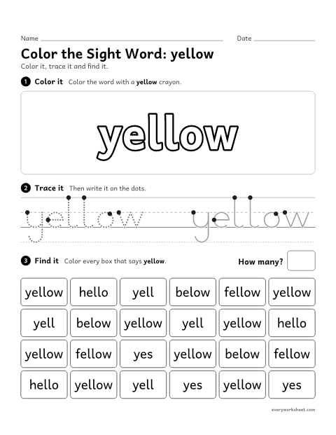 Preview of the printable “Color the sight Word: yellow” worksheet: recognizing the sight word yellow among look-alike words