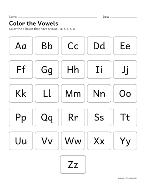 Preview of the printable “Color the vowels in the alphabet” worksheet: finding the vowels among the letters
