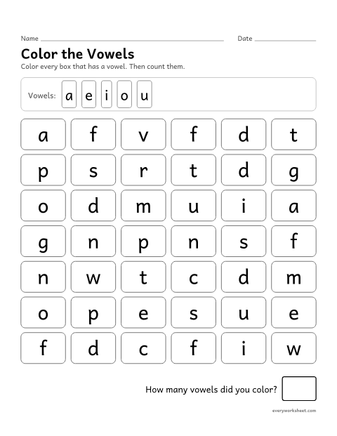 Preview of the printable “Color the Vowels: lowercase” worksheet: finding the vowels among the letters