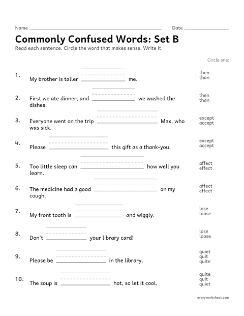 Preview of the printable “Commonly confused Words: then, than, accept, except, affect, effect” worksheet: choosing then or than, accept or except, affect or effect, loose or lose, quiet or quite
