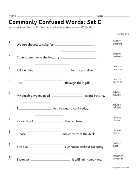 Preview of the printable “Commonly confused Words: desert, dessert, breath, breathe and more” worksheet: choosing desert or dessert, breath or breathe, advice or advise, choose or chose, passed or past
