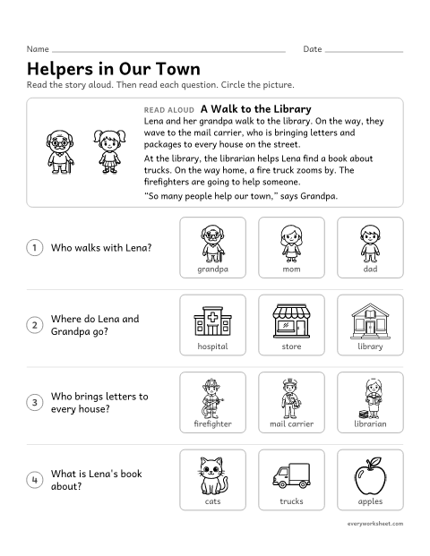Preview of the printable “Community helpers Read-Aloud story” worksheet: answering questions about community helpers in a story read aloud