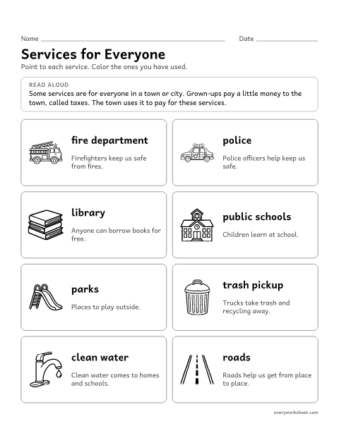 Preview of the printable “Community services chart” worksheet: naming services that a town or city gives everyone