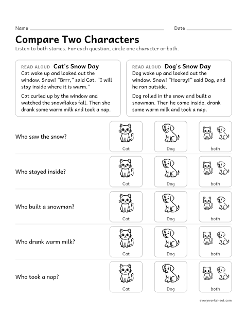 Preview of the printable “Compare Characters: cat and dog on a snow day” worksheet: comparing the adventures of two characters in two stories