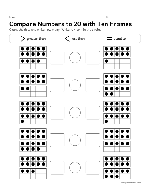 Preview of the printable “Compare numbers to 20 with ten frames” worksheet: comparing teen numbers with ten frames