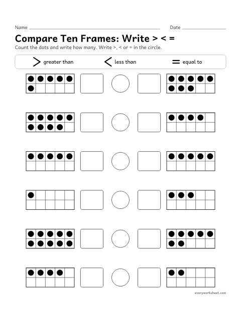 Preview of the printable “Compare ten Frames: write > < =” worksheet: comparing amounts to 10 with >, < and =