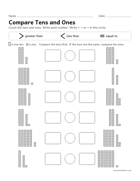 Preview of the printable “Compare tens and ones” worksheet: comparing two-digit numbers using tens and ones