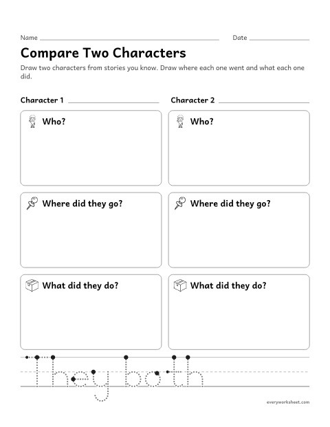 Preview of the printable “Compare two characters worksheet (Any two Stories)” worksheet: comparing the adventures of two characters
