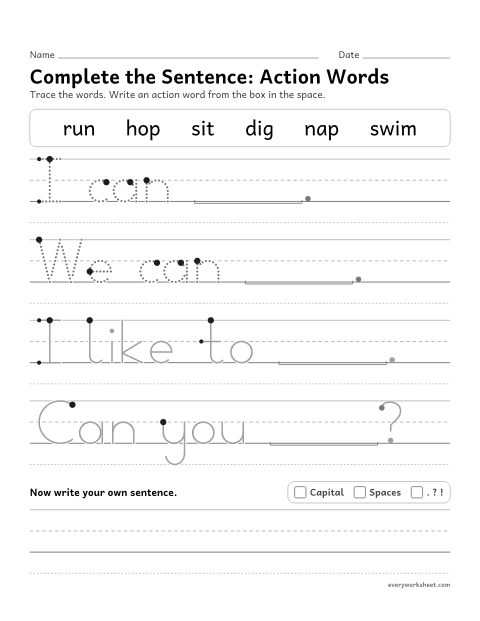 Preview of the printable “Complete the Sentence: action words” worksheet: using action words (verbs) in sentences