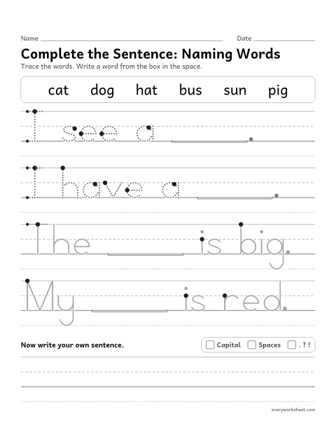 Preview of the printable “Complete the Sentence: naming words” worksheet: using naming words (nouns) in sentences