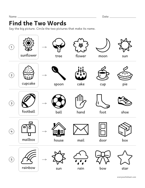 Preview of the printable “Find the two words” worksheet: finding the two words that make a compound word