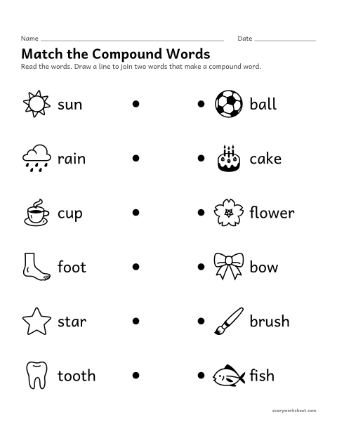Preview of the printable “Match the compound words” worksheet: joining two words to make a compound word
