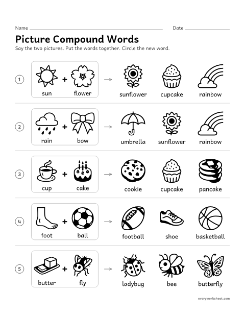 Preview of the printable “Picture compound words” worksheet: putting two words together to make a compound word