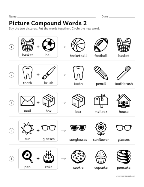 Preview of the printable “Picture compound words 2” worksheet: putting two words together to make a compound word