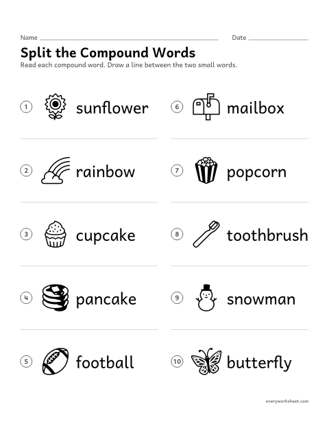 Preview of the printable “Split the compound words” worksheet: finding the two words inside a compound word