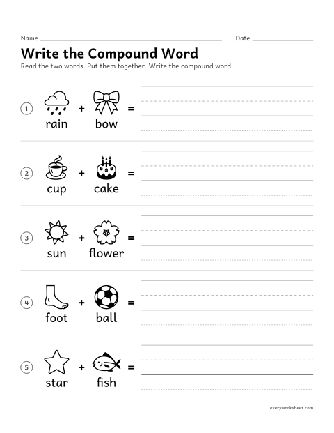 Preview of the printable “Write the compound word” worksheet: writing a compound word from its two parts
