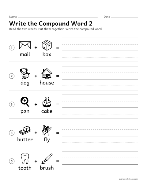 Preview of the printable “Write the compound word 2” worksheet: writing a compound word from its two parts