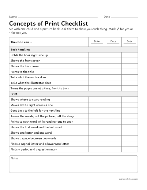 Preview of the printable “Concepts of print checklist” worksheet: checking how a child handles a book and print